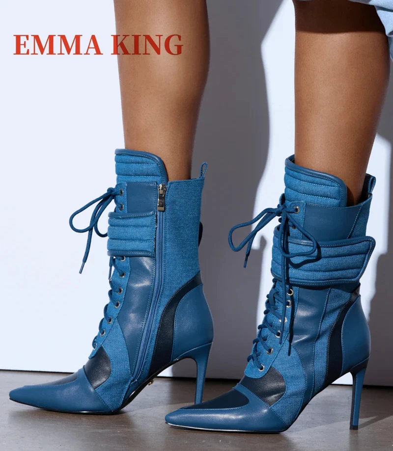 رياضي مدبب تو المرقعة منتصف العجل الأحذية كعب ستيليتو الدانتيل متابعة أحذية الموضة اللون منعت تصميم مأدبة الحفلات الأحذية النسائية #5