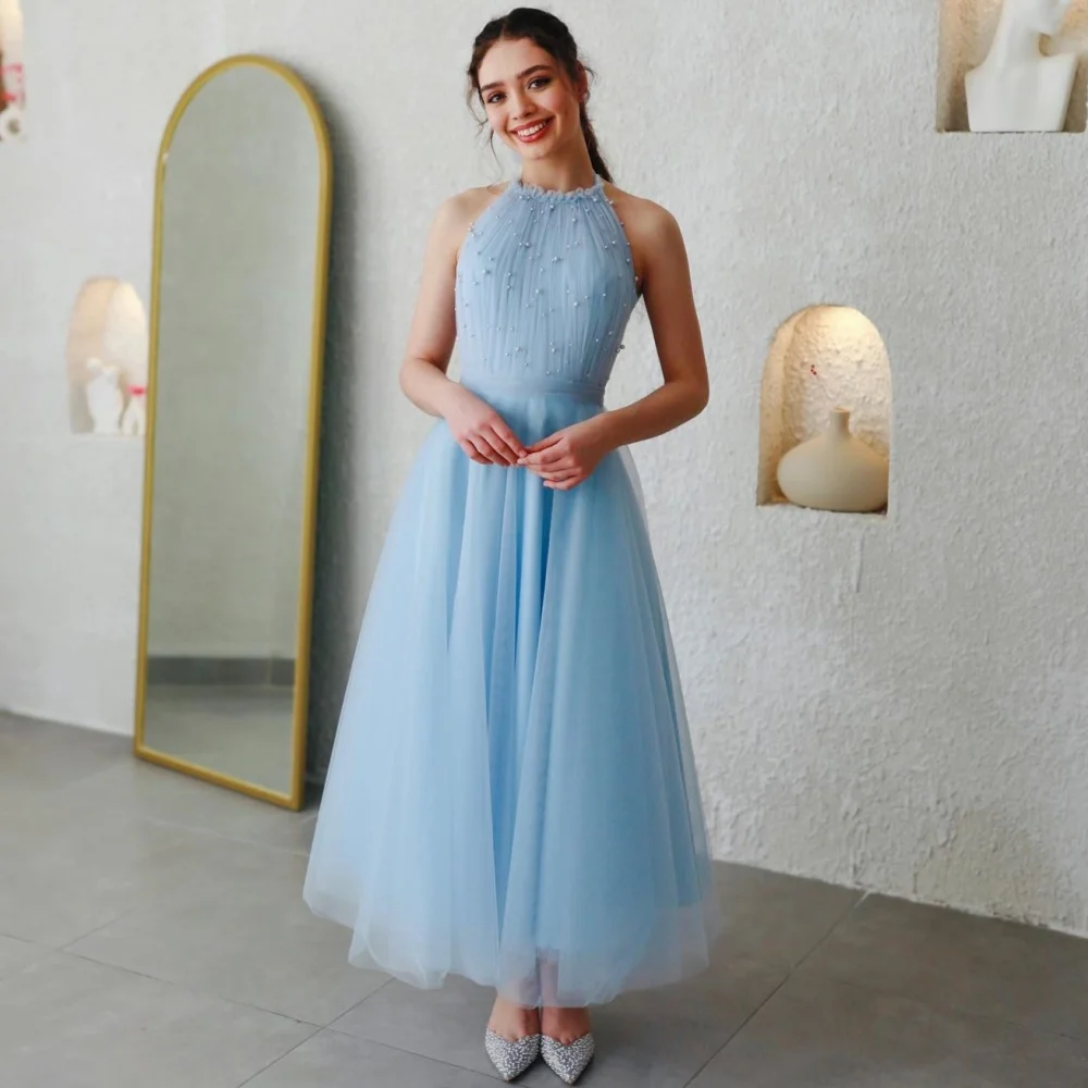 Customized Sizes Available Net A-line Halter Midi Dresses Homecoming  Classic Exquisite Modern Style Pastrol Unisex Chinese 