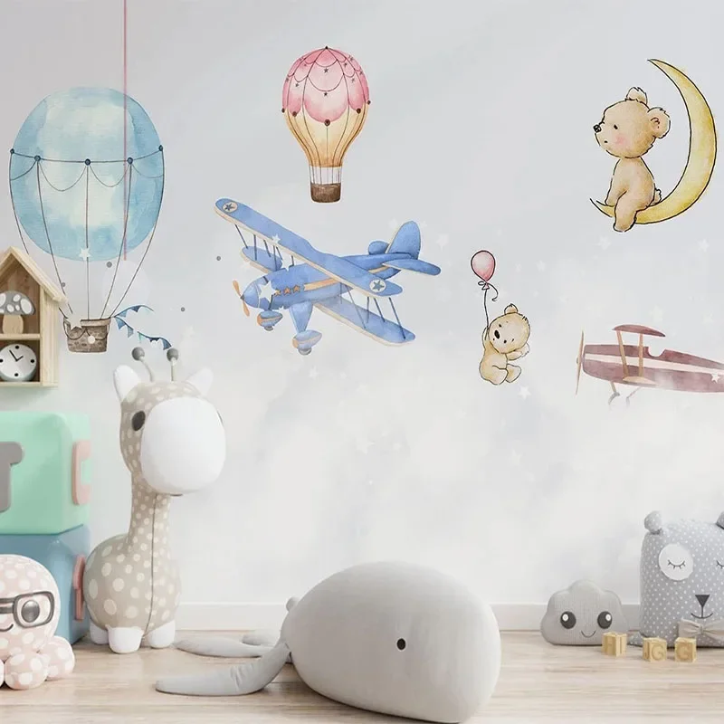 Custom Mural Wallpaper Nordic 3D Cartoon Hand Drawn Hot Air Balloon Airplane Children Room Background Wall Paper Papel De Parede