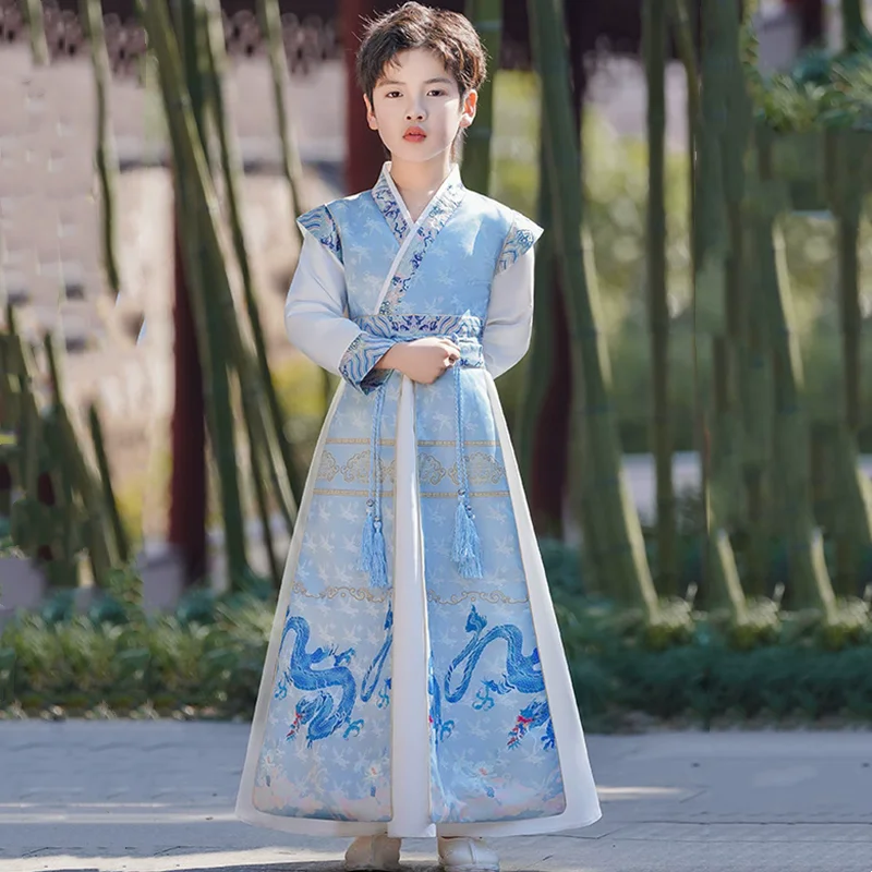 

Детский костюм Ханьфу с длинным рукавом для мальчиков и девочек, современное платье для косплея, сценическая одежда, наряд для Хэллоуина, платье-жилетка