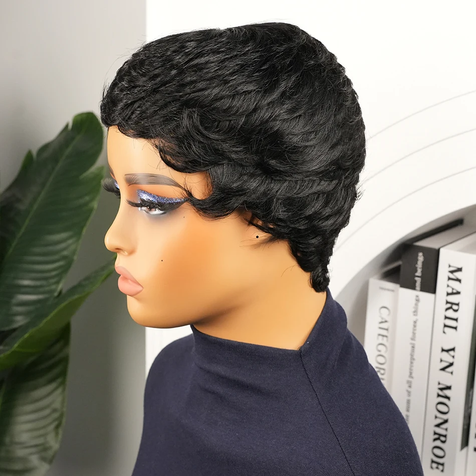 باروكات شعر بشري مفرود قصير شعر برازيلي بقص عابث 100% شعر بشري مصنوع آليًا جاهزًا للارتداء للاستخدام اليومي طبيعيًا