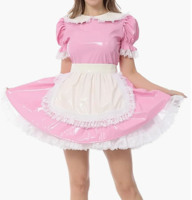 

French Sexy Adult Customized Fetishist Costume Crossdresser Maid Pink White Spliced PVC Lapel Shoulder Fluffy Lace Dress