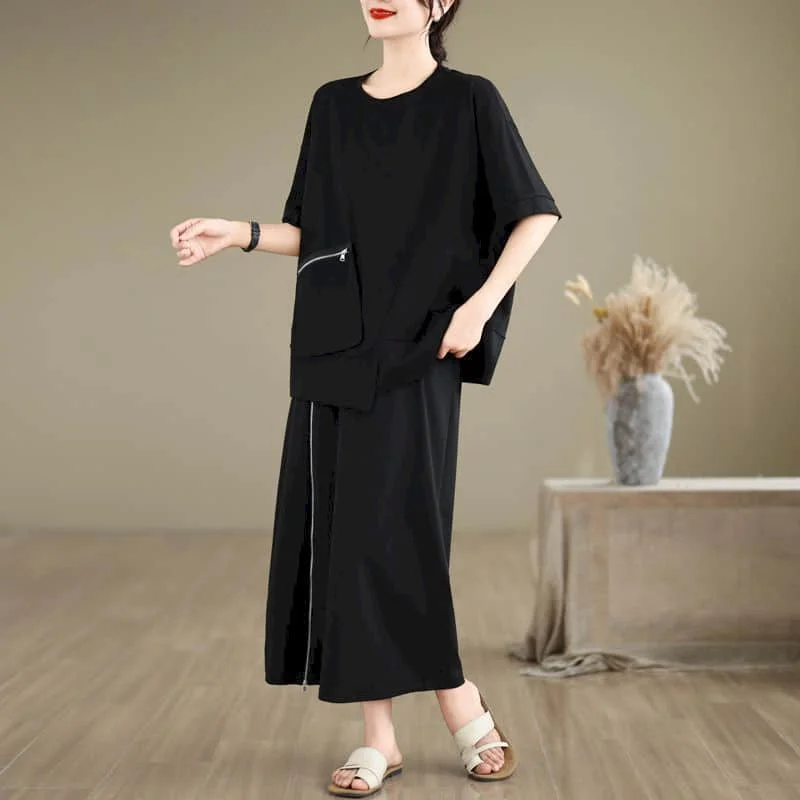 

Dress Sets Gothic Half Sleeve T-shirt and Solid Skirts Matching Sets Loose Korean Style Casual Women Two Piece Sets Autumn Trend