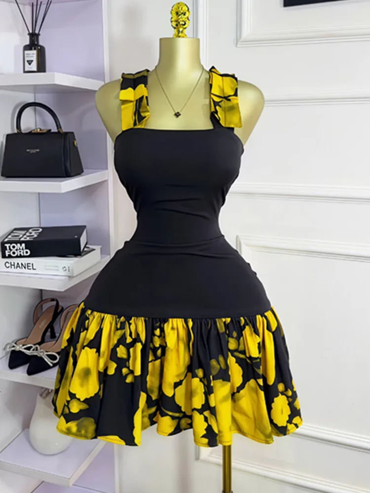 

BKLD Women Clothing 2025 Summer New Sleeveless Spaghetti Strap Fashion Printed Patchwork Pleated Sweet Short Dresses Party
