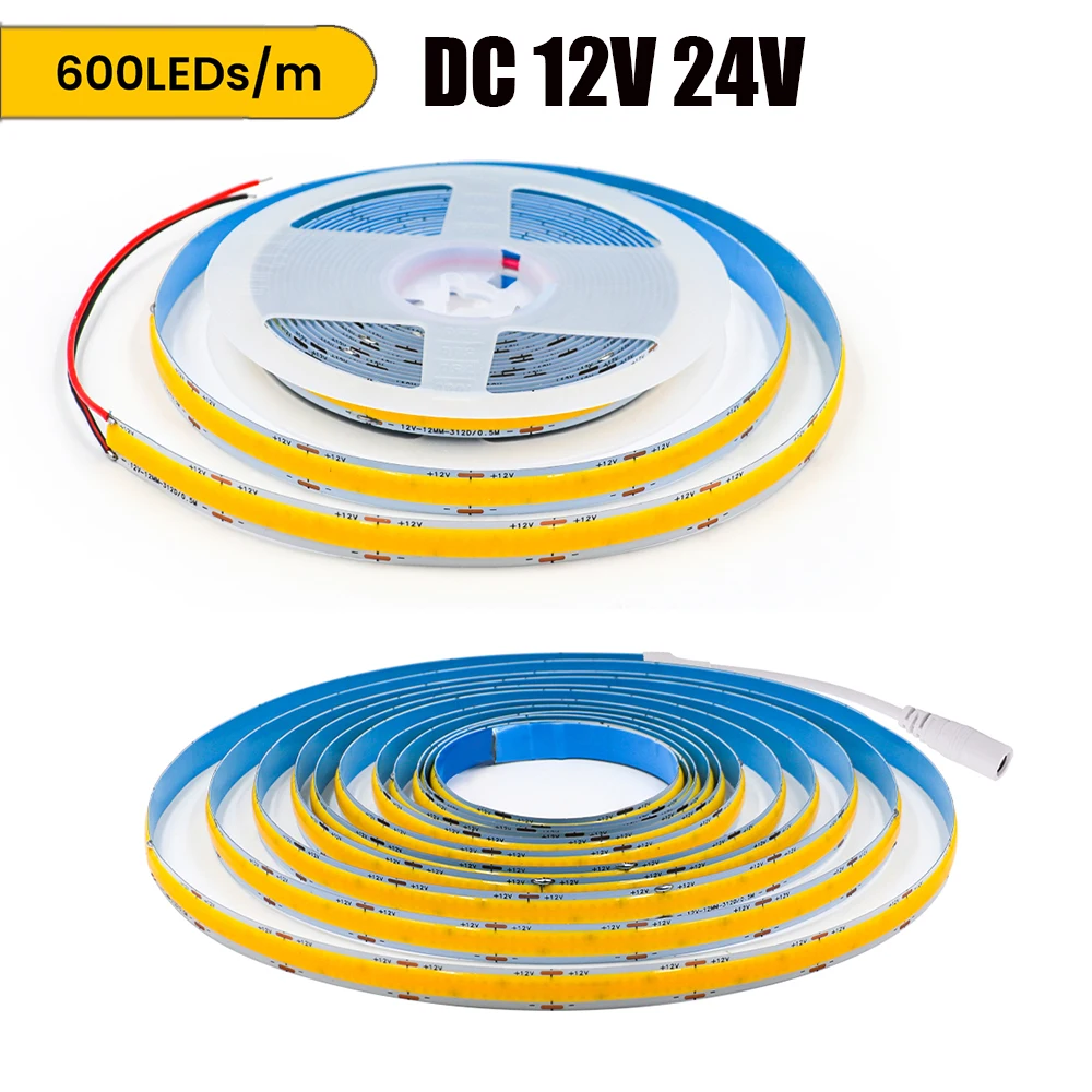 600Leds/M Dwurzędowa taśma COB DC 12V 24V Wysoka jaśniejsza RA85 Ciepła/Naturalna biel 3000K 4000K 6000K Elastyczna lina wstążkowa Światło LED