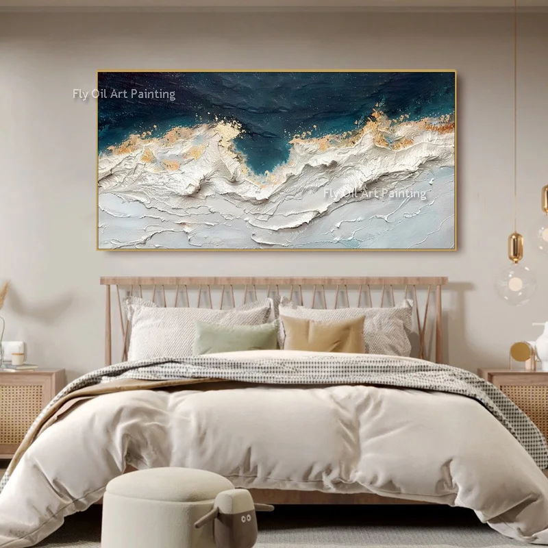 Simple Design Yellow Art Lake And Mountains Artwork Handpainted Abstract Green White Seawaves Oil Painting On Canvas For Decor