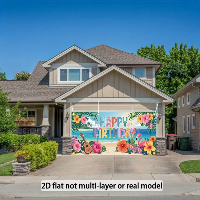 خطة ثنائية الأبعاد، علم حفلة شاطئ استوائي واحد - تصميم "عيد ميلاد سعيد" نابض بالحياة مع أشجار النخيل والرافعة والمناظر البحرية