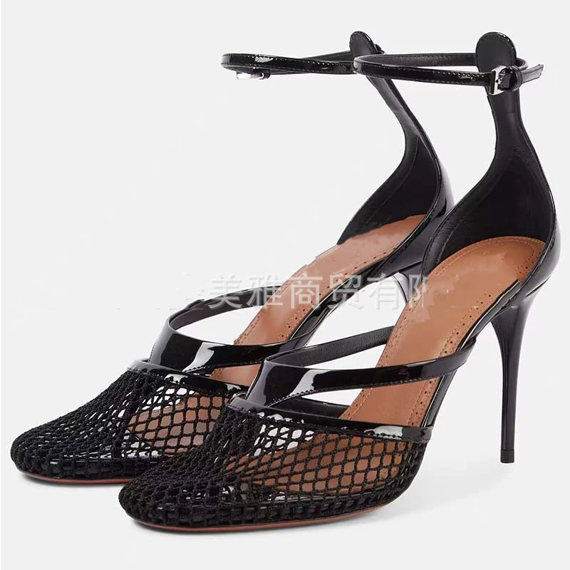 Fishnet Patent Leather-Trimmed Mesh Women Pumps Shoes High Heels Buckled Sandalias Femininas Black Ankle Strap Zapatos Mujer