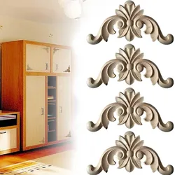 4pc Wooden Carved Corner Onlay Applique Furniture Mouldings Decal DIY Corner Onlay Decoration Frame Decor Cupboard Cabinet Decal