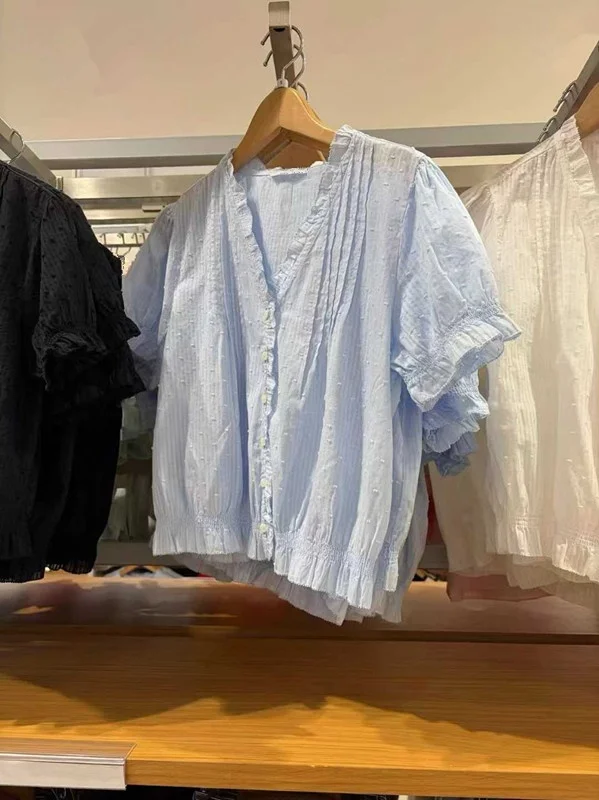 Japanese Style Cotton Floral Embroidery V-Neck Short Sleeve Shirt Wood Grain Short Length Small Top Women's Fashion