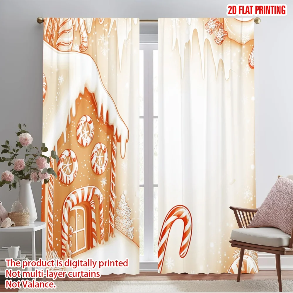 

2pcs,2D plane printing Minimalist Curtains Candy Cane Gingerbread House Frosting (2) Versatile Polyester Fabric (without rod)