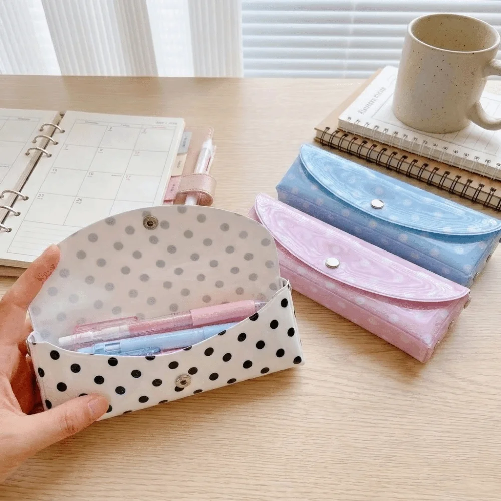 PVC Polka Dot Pencil Case Snap Button Closure Portable Design Storage Pouch Korean Style Durable Stationery Organizer Daily Use