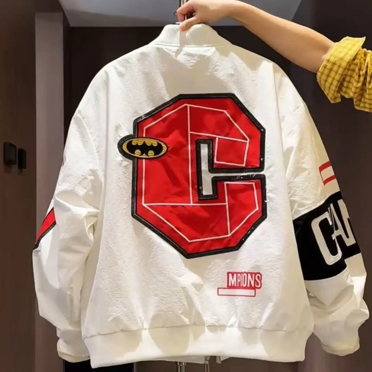 

Men's Retro American Baseball Jaet Warm Coat Large Size 300 Pou Racing Suit Outerwear Trendy Long Sve Zipper Closure