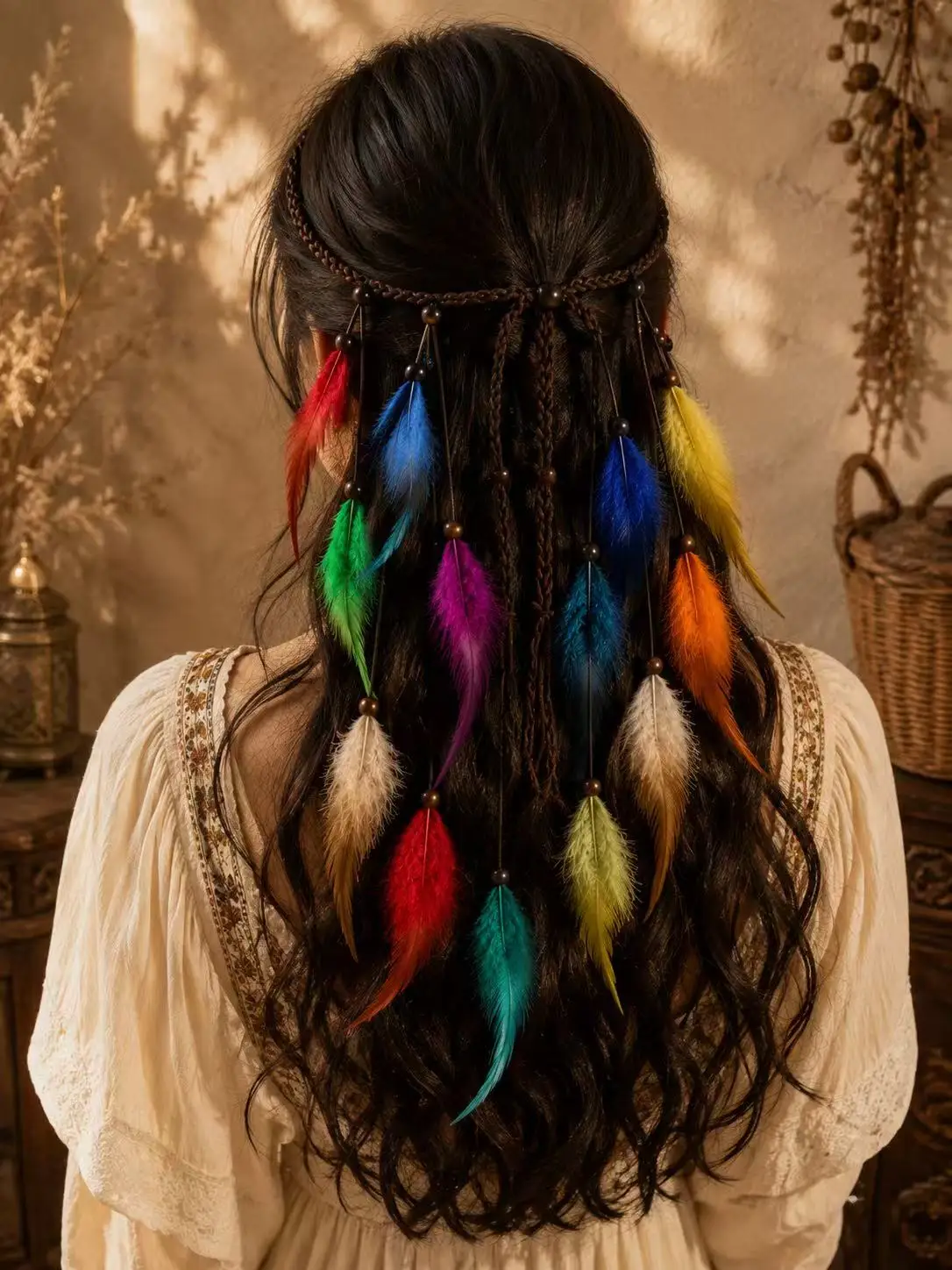Diadema bohemia para mujer, diadema hippie, accesorios para el cabello arcoíris, diadema de plumas bohemia, diadema para mujer, cinta para el sudor, moda.