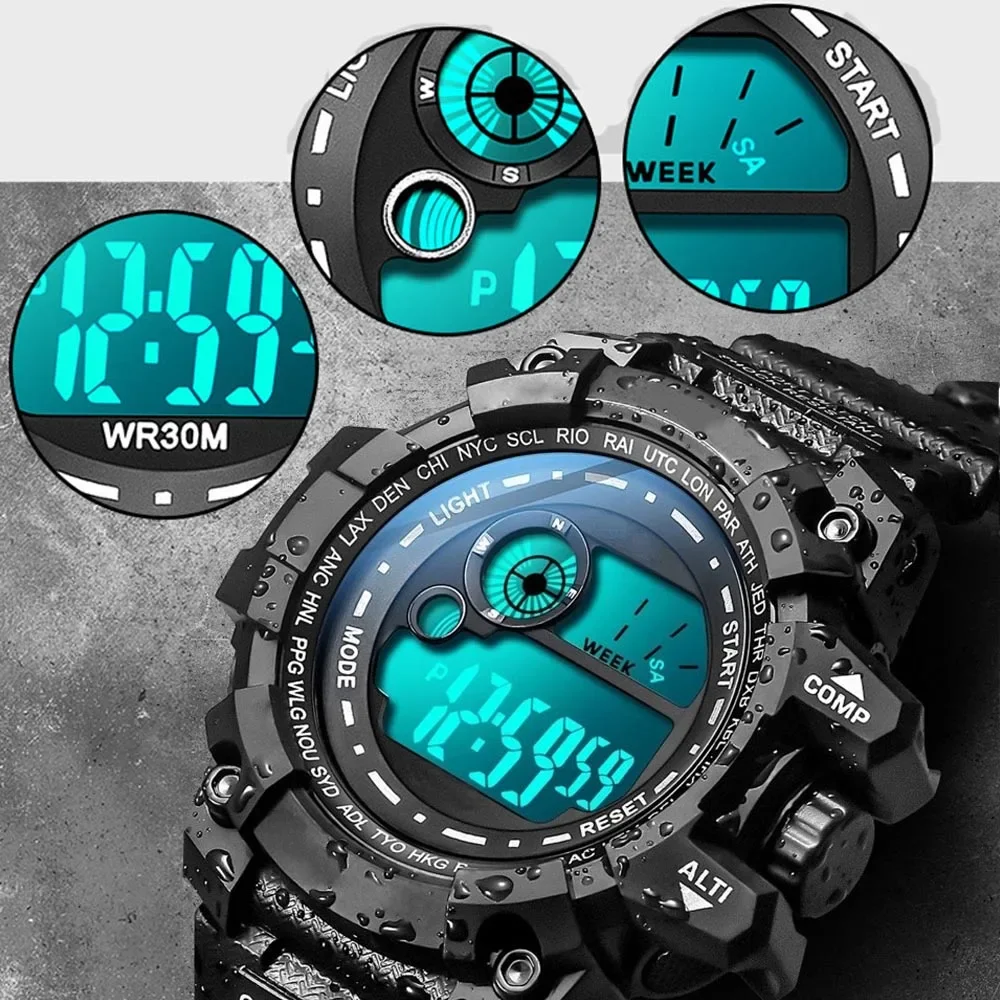 YIKAZE-Montre de sport à grand cadran pour hommes, montres-bracelets numériques LED, étanche, horloge militaire multifonction pour hommes, cadeaux pour enfants, extérieur