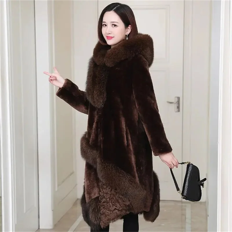 Fashion Mink Fur Coat Women's Whole Hooded Outwear Female2023 Winter Lamb Fur Imitation Mink Sheep Cut Fleece Coat Brown Vintage