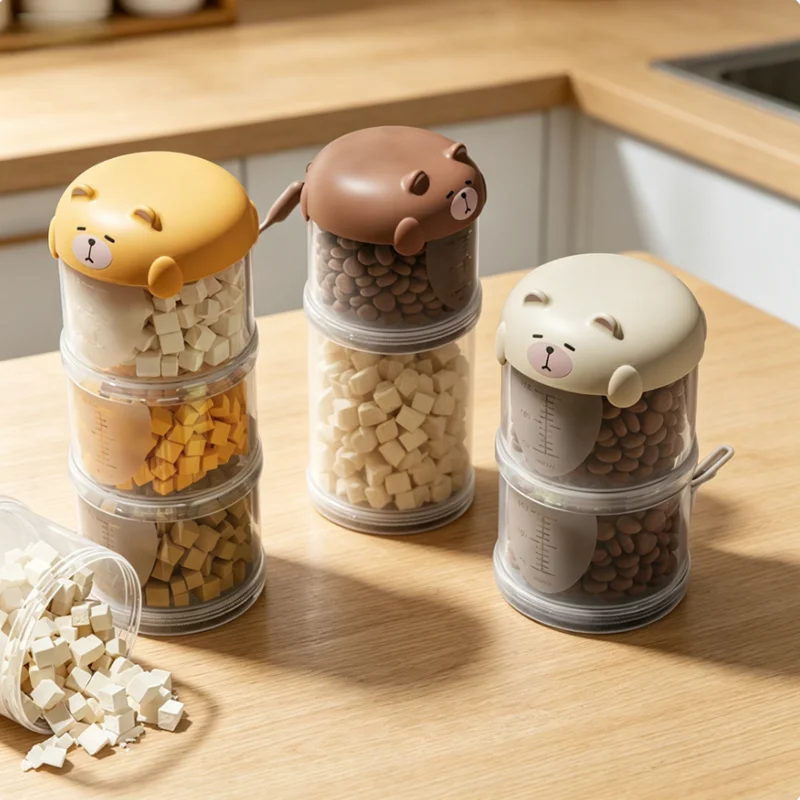 Cute Bear Stackable Pet Treat Container, Portable Multi-layer Airtight Dog Cat Food Storage Jar with Measuring Scale