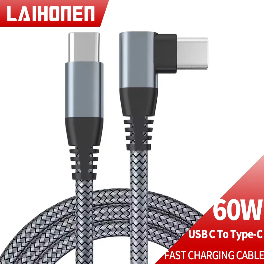 1PCS 60W USB Type C Cable 3A Fast Charging Wire Cord USB C Cable For Macbook Samsung Xiaomi Huawei iPhone15 Elbow Cable For Game