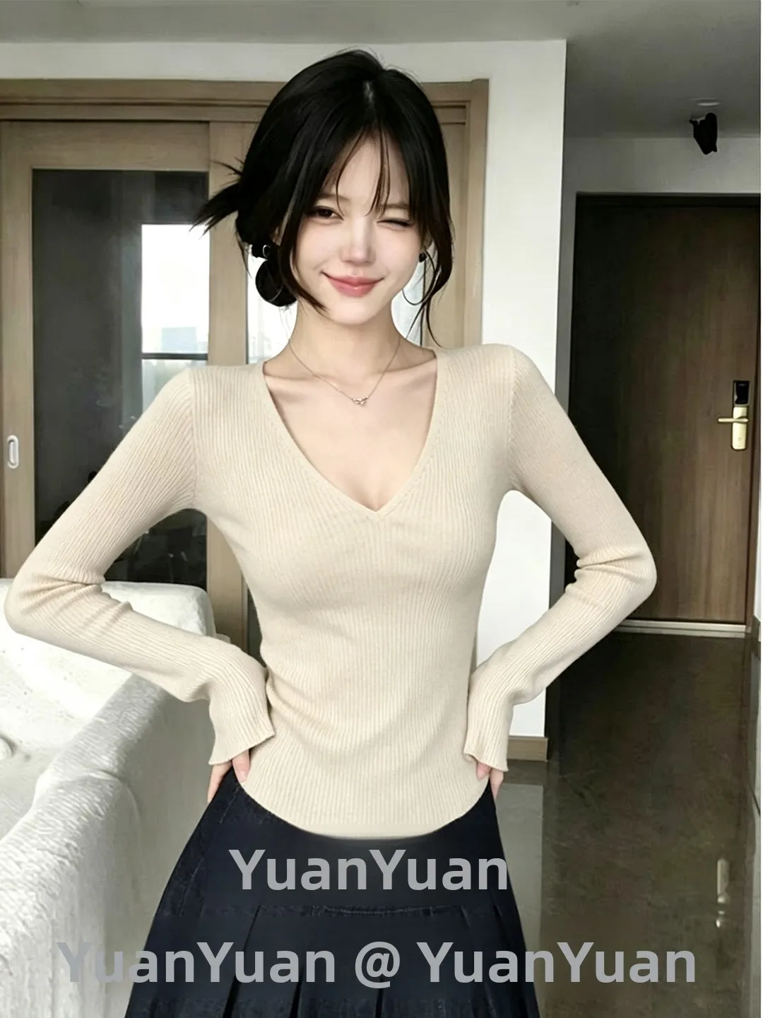 Women's V-Neck Knitwear Long Sleeve Commute Slimming Inner Wear Top Soft Polyester Fiber Autumn Winter New Style Fashion Design
