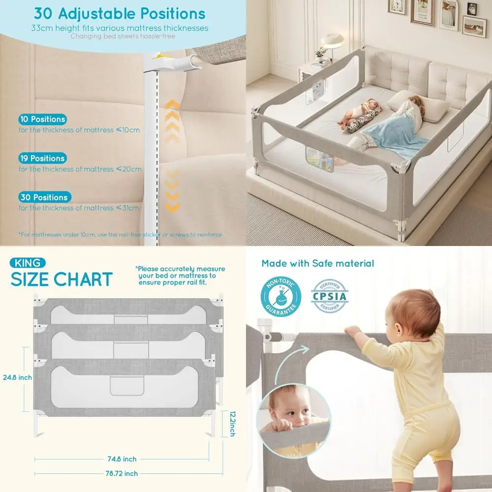 

King-Sized Toddler Bed Rail: 3-Sided Tall Adjustable Safety Guard for Infants & Kids on King Beds (78.7x78.7x74.8)