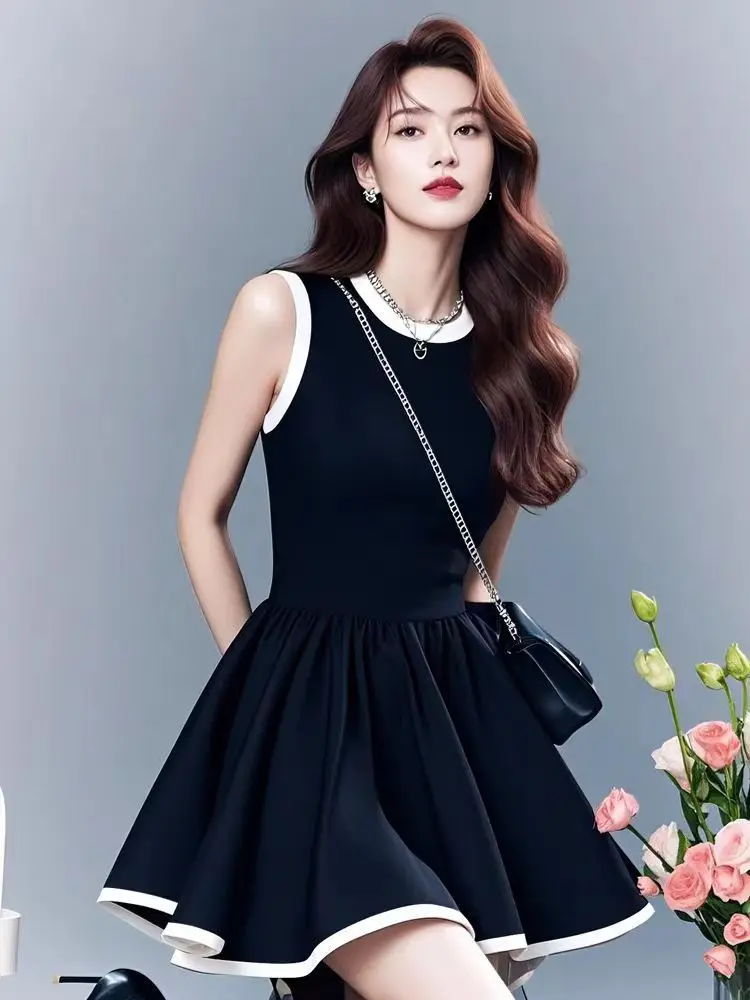 

2025new Black Sleeveless Vest Dress for Women Korean Style Fashion Design Patchwork A-line Short Casual Summer Dress