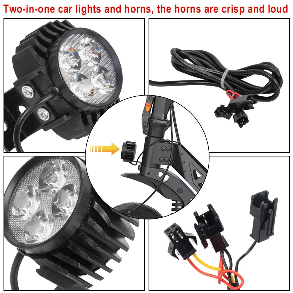 2 In 1 Horns Headlight Night Safety Lamp For KUGOO M4 PRO Electric Scooter Accessories 12-80V Front Light With Horn