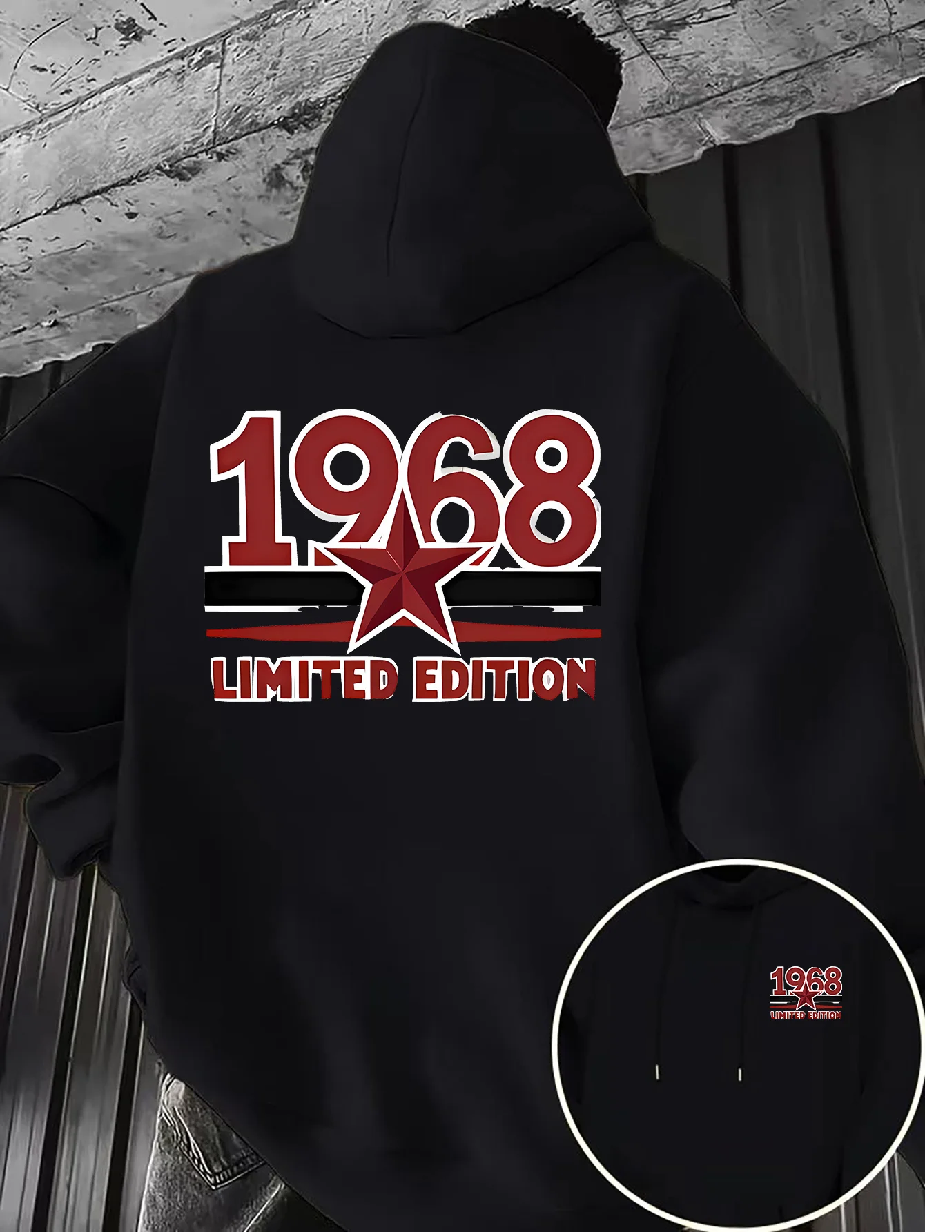 Men's hooded sweatshirt with double-sided printed design, casual hoodieversatile for everyday wear1968,red 3D five-pointed star.