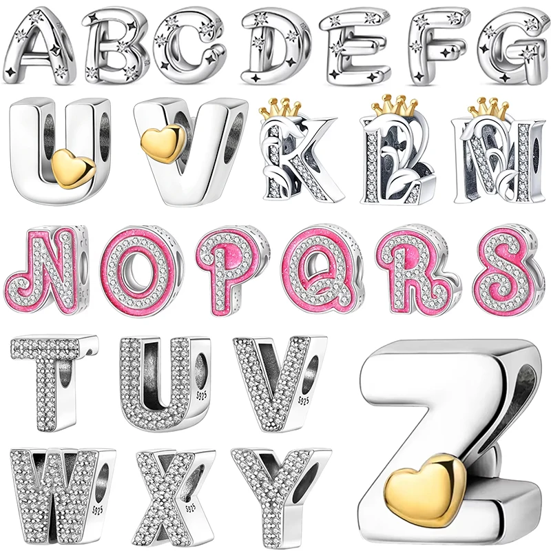 A-Z Alphabet Beads Charms Fit Original 925 Sterling Silver Bracelets Charm 26 Letters Charm for Women Girl DIY Fine Jewelry Gift