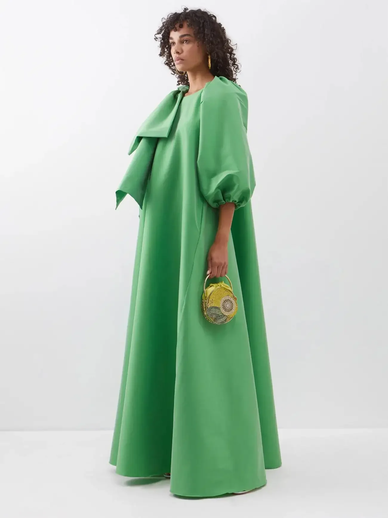 Gorgeous Silk Taffeta Caftan Maxi Dress Puff Sleeves Big Bow Green Evening Dresses Oversize فساتين للحفلات الراقصة Formal Gowns