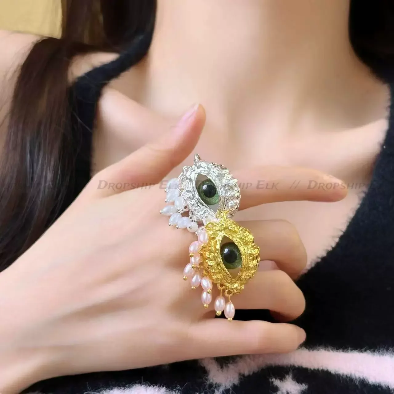 미적 빈티지 악마의 눈 반지 Tassels 모방 진주 유약 반지 유행 섬세한 오프닝 손가락 반지 파티 호의