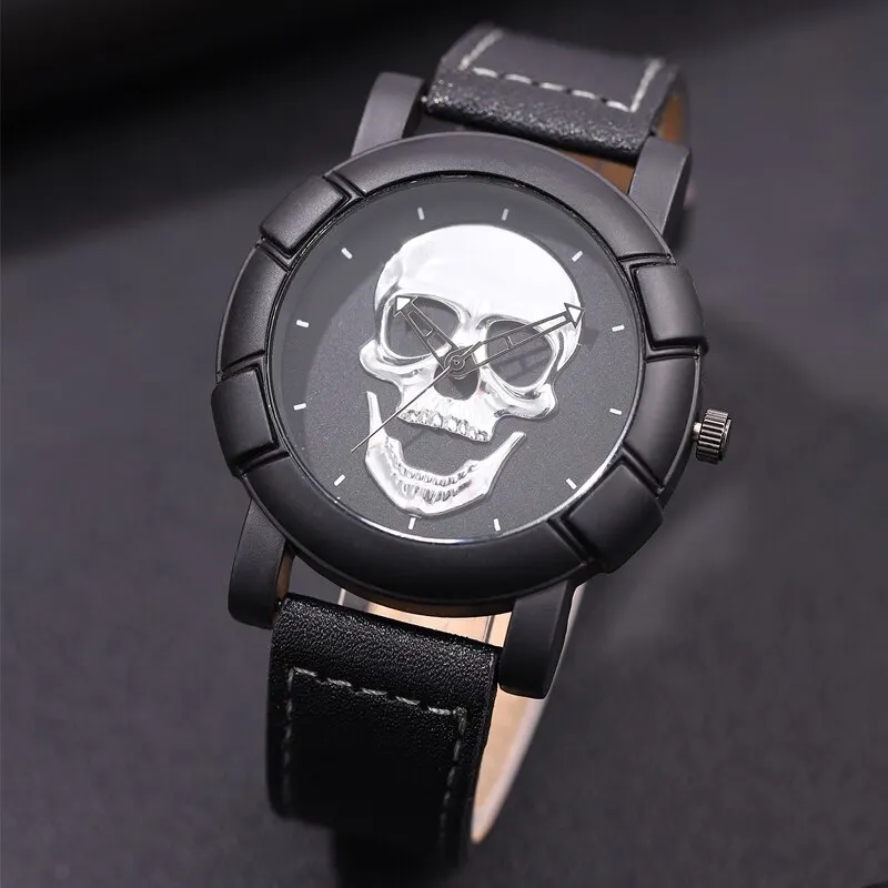 3PCS Set Fashion Mens Skull Watches Classic Men Business Leather Quartz Watch Male Cool Black Necklace Bracelet Wristwatch