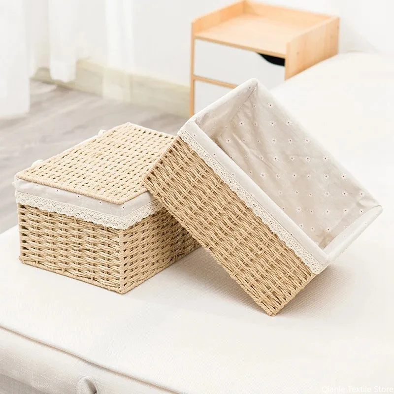 Woven Storage Basket Kitchen Organizer Box Dustcover Storage Baskets with Lid Desktop Sundries Organizers Snack Toy Storage Boxs