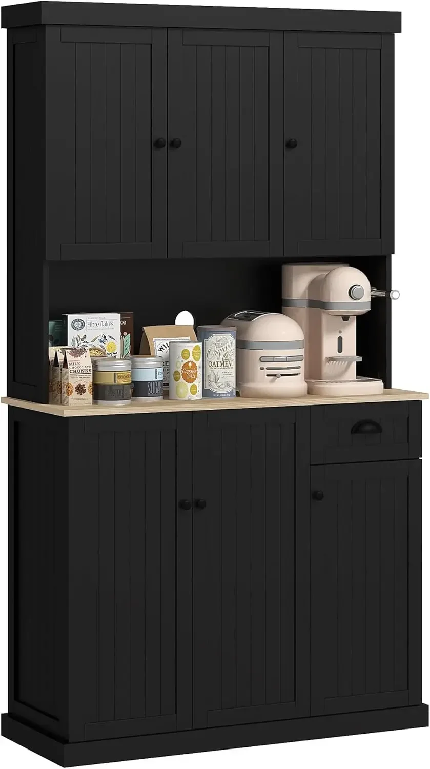 Modern Farmhouse Kitchen Pantry Storage Cabinet, Microwave Oven Countertop, Drawer, Cupboard, Black