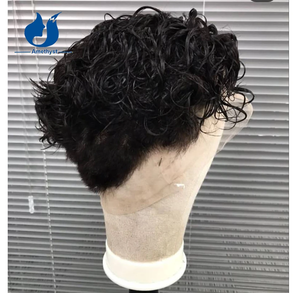 جمشت الرجال شعر مستعار مجعد قصير عابث قطع الشعر البشري قبل قطعها الطبيعية الأسود ريمي كامل الدنتلة حلاقة في الخلف والجانب #2