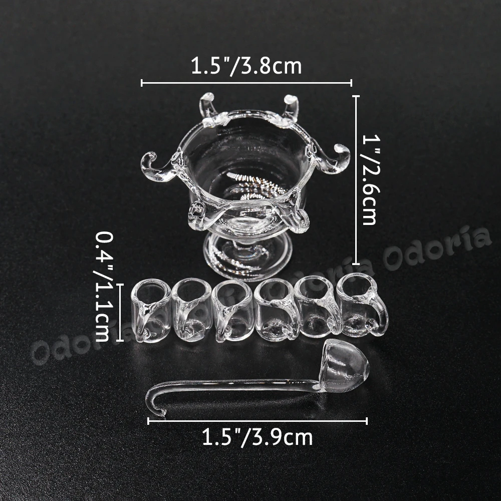 Odoria 1:12 Miniature Glass Cocktail Punch Bowl & 1 Spoon and 6 Cups Tableware Beer Mug Kitchen Set Doll House Accessories Decor