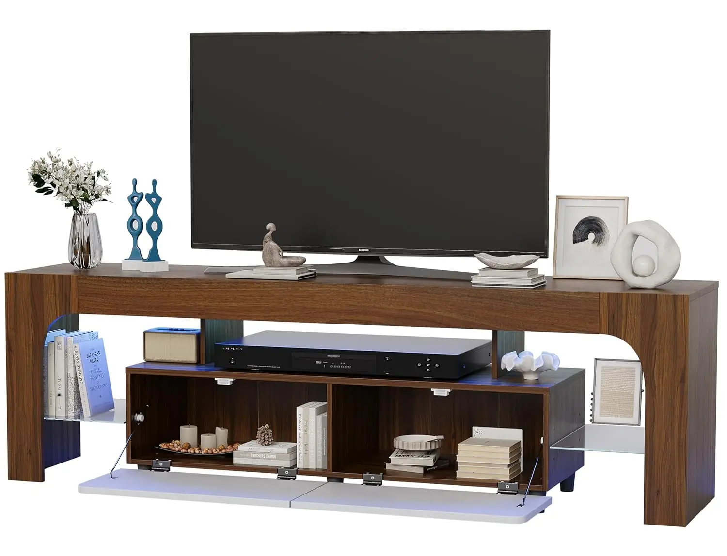 

Современная подставка для телевизора LED с большим выдвижным ящиком для хранения, для телевизоров 50-75 дюймов, консоль с цветной подсветкой, для гостиной и спальни, цвет орех, на заказ