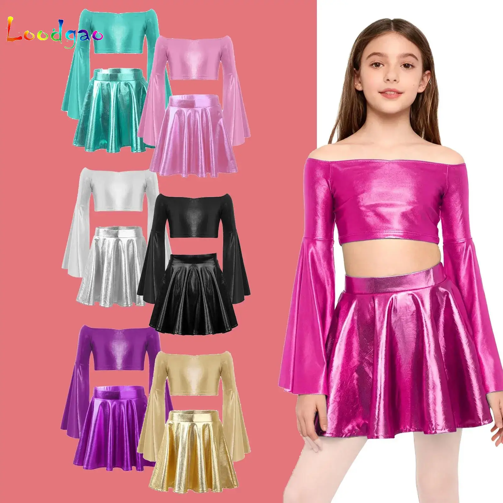 

Kids Girls Two Pieces Shiny Jazz Dance Outfit Metallic Crop Top with Skirted Shorts Dancewear Sets Party Performance Costume