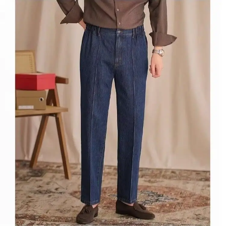 Casual Denim Straight Trousers Men's Autumn Winter Business Gentleman High-waisted Trousers Neapolitan Youth Drape Suit Pants