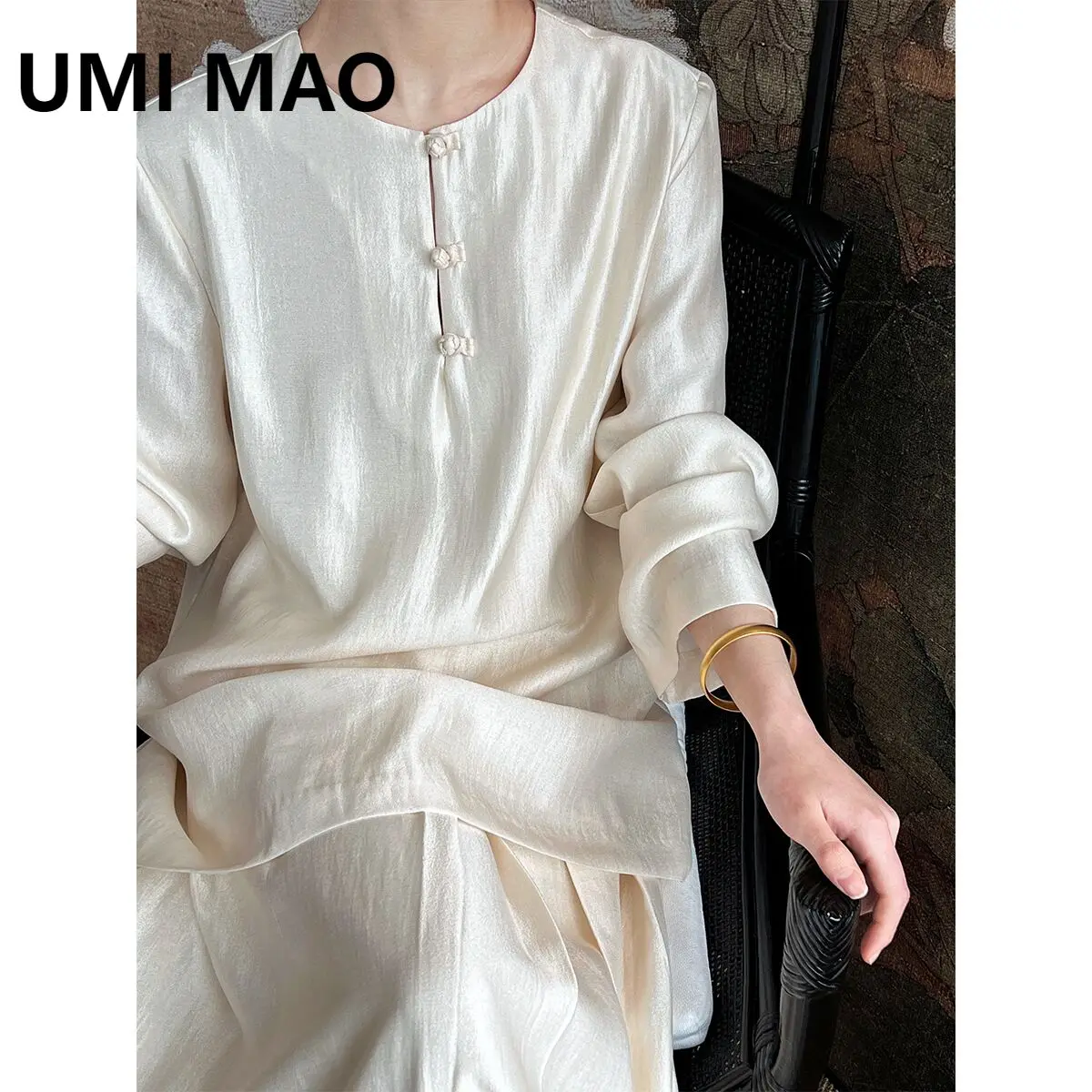 UMI MAO New Chinese Style Set Women's Fashion Style Round Neck Shirt+Pleated Half Skirt Two Piece Set