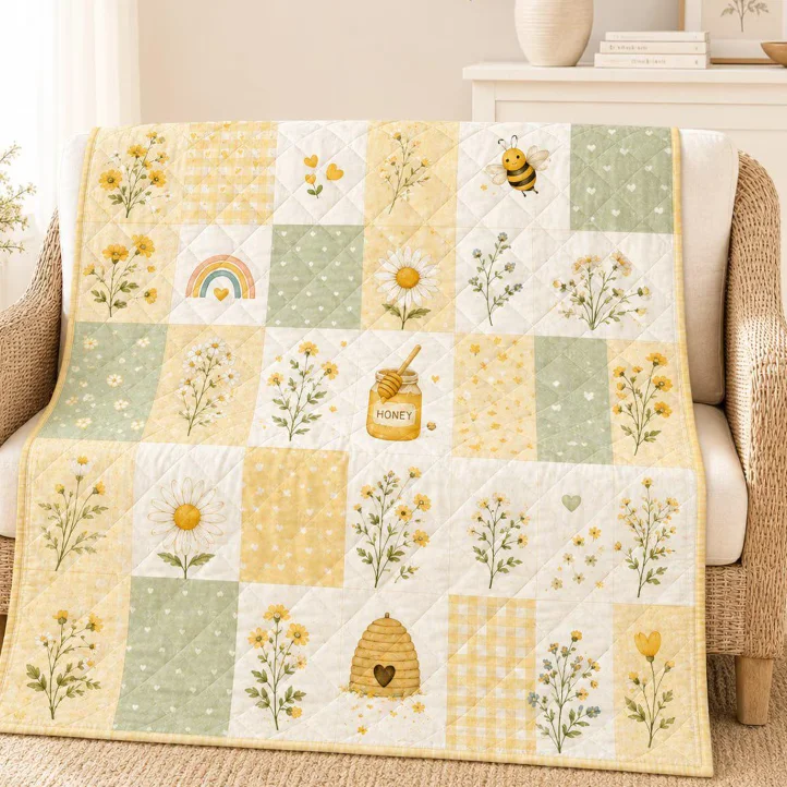 Bee Floral Quilt Blanket, Cottagecore Daisy Throw, Honey Bee Bedding, Spring Farmhouse Room Decor Gift Blanket