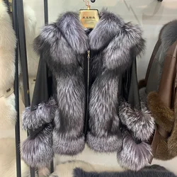 Women's Real Fox Fur Coat, Genuine Sheepskin Leather Jacket, Winter Thick Warm Fur Clothes, Luxury Fashion Outerwear, S3593