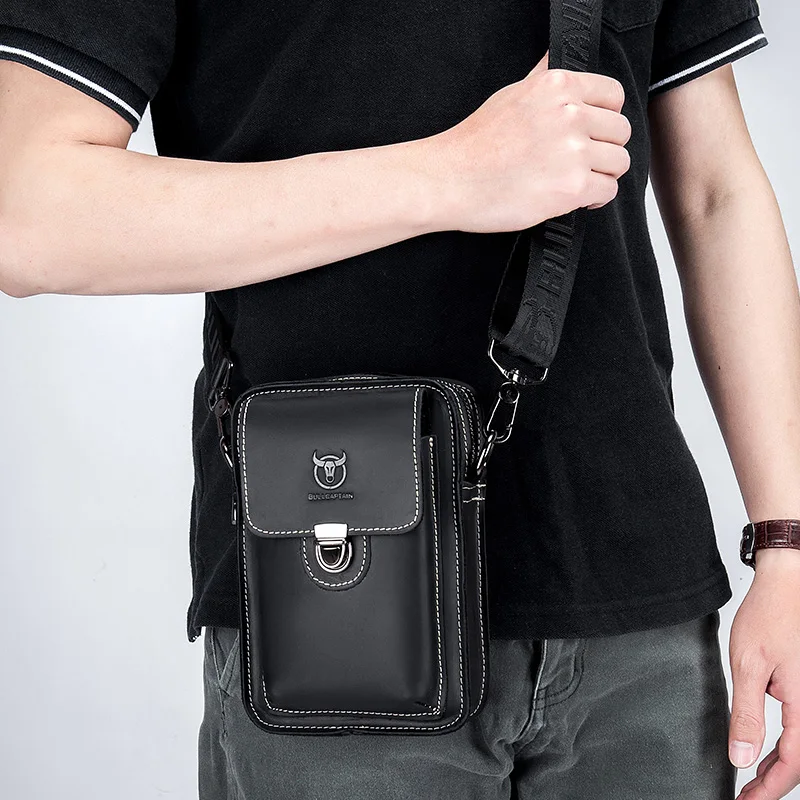 2023 Retro Genuine Leather Men’s Fanny Bag Mobile Phone Bag Fanny Bag Men’s Casual Shoulder Bag Suitable for 7 Inch Mobile Phone