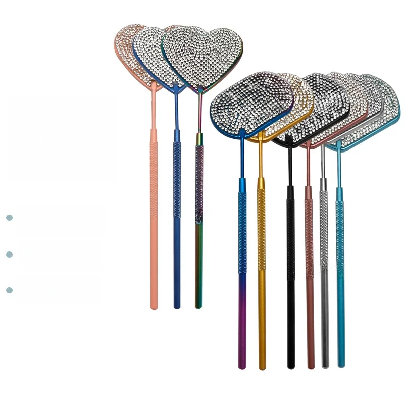 Espejo de mano de acero inoxidable, espejo cuadrado grande con incrustaciones de diamante para comprobar pestañas, espejo de maquillaje en forma de corazón