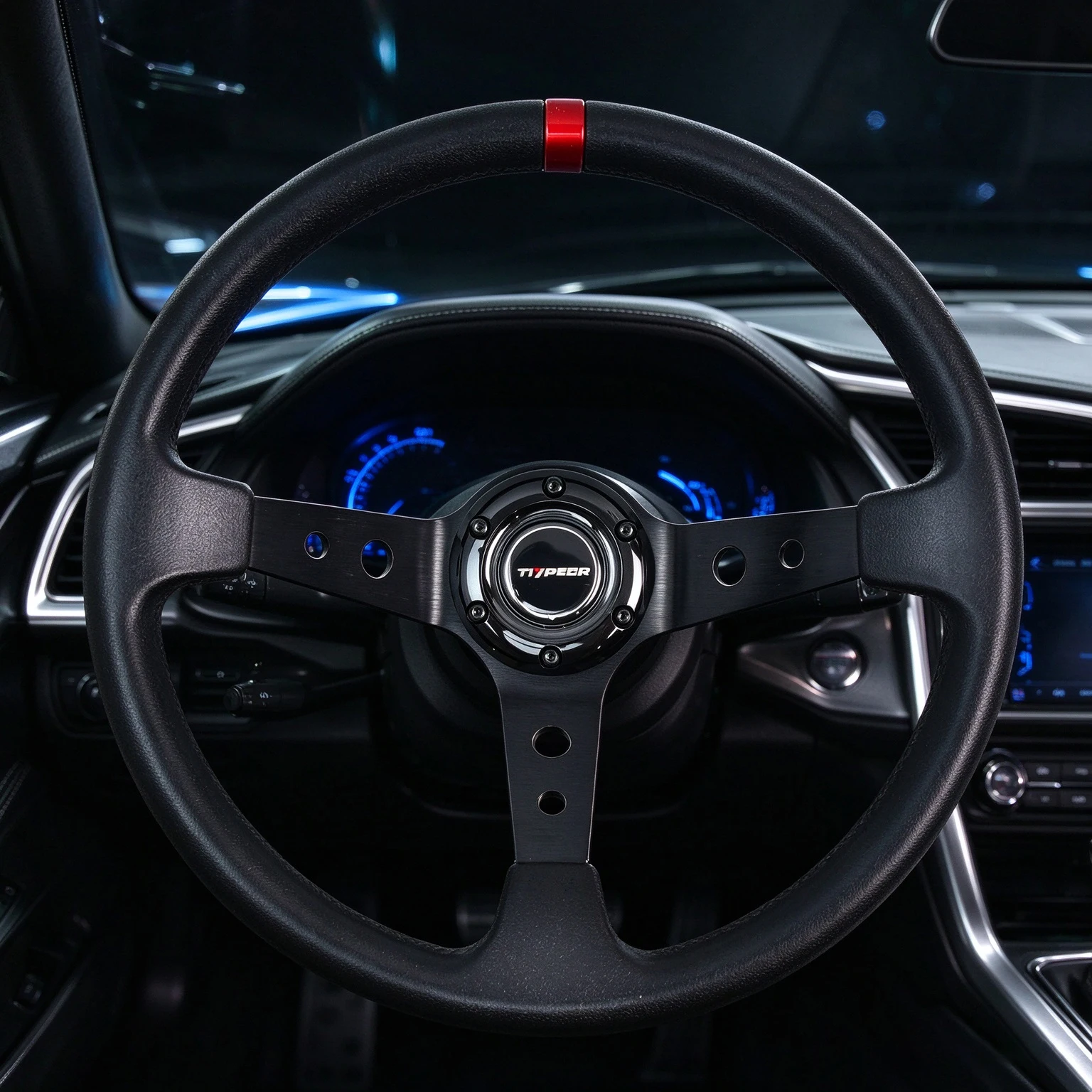 TIYPEOR Steering Wheel Universal Black Leather 340mm Deep Dish PU Steering Wheel for Car and Sim
