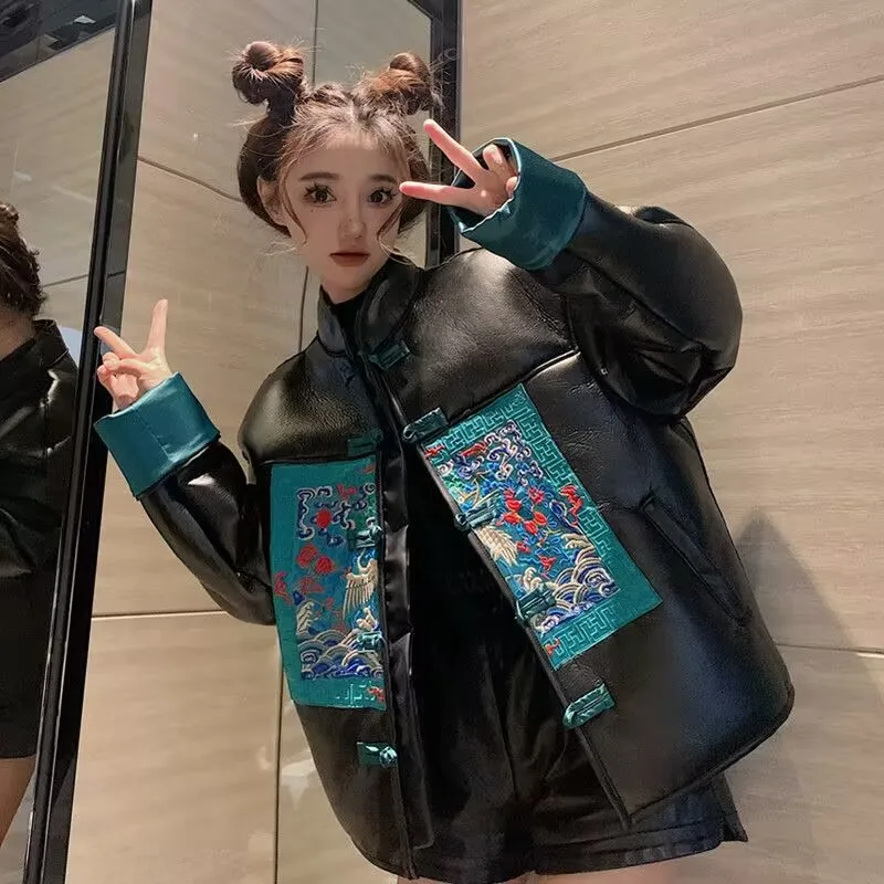 

WOMEN long arms motive jacket, Han and Tang's traditional clothes, brown shirt stands shining, Leather embroidered jacket long a