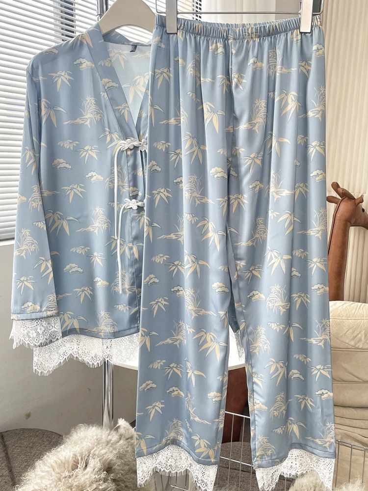 

Spring New Style Silk Long Sleeve Long Pants Sleepwear Set Women's Home Clothes Lace Sweet Cute Style V-neck Printed Youth