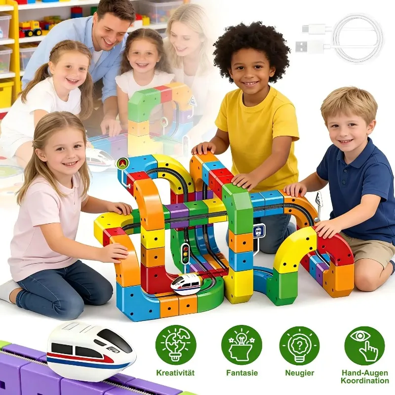 Coffret de train électrique pour enfants - avec une piste 3D flexible permettant des déplacements à 360° °   Action anti-gravité. Ce jouet hautement interactif combine l'apprentissage STEM modulaire avec des capacités d'extension magnétique, ce qui en fait un cadeau idéal pour les garçons et les filles.