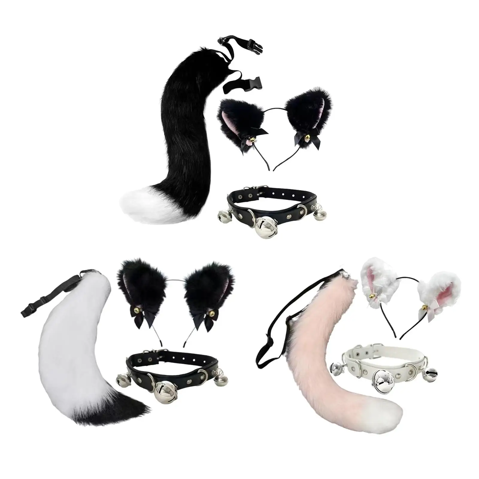 Cat Ears Headband Collar and Tail Set Soft for Stage Show Holidays Festivals