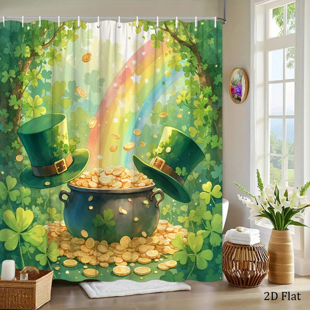 1pc St. Patrick's Day Polyester Shower Curtain, 70x70 inches, Washable with 12 Hooks, Leprechaun & Rainbow Design, Fashion Bathr
