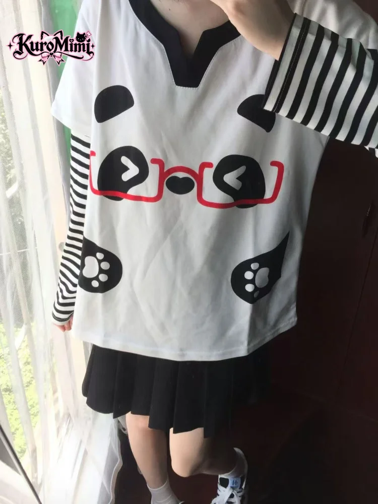 Women Japanese Kawaii Panda Print Faux Two Piece Striped Sleeve Tee V Neck Soft Girl Oversized Cozy Anime Y2K Egirl Hot Harajuku